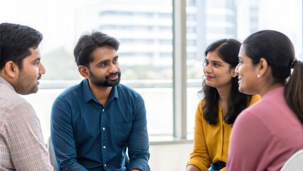 Indian Colleagues Sitting in Circle for Collaborative Office Talk
