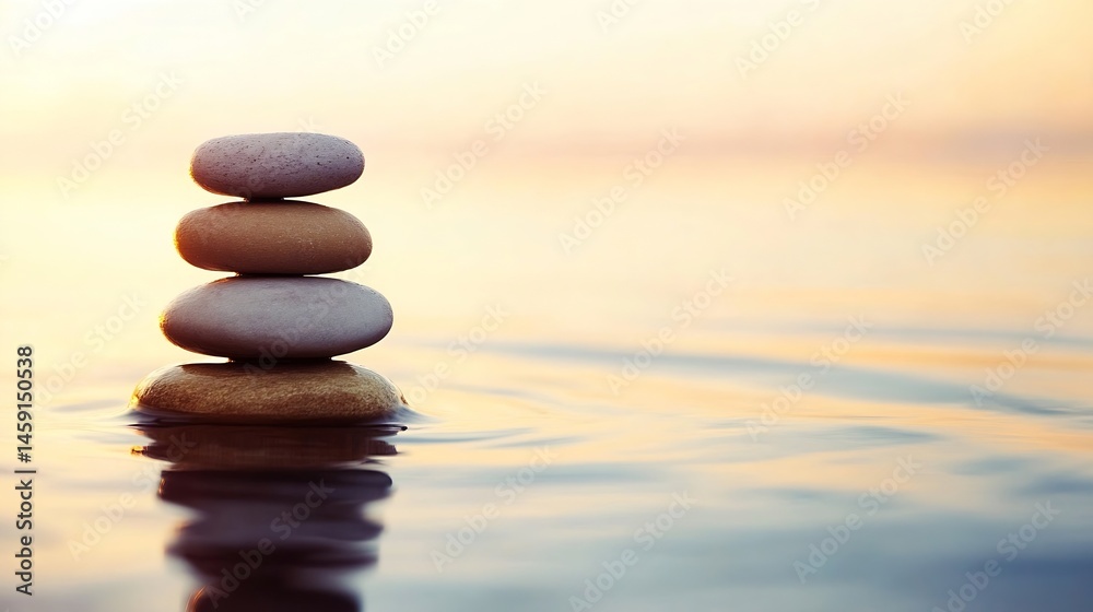 Poster serene stack of stones floating gently on calm water at sunset, reflecting peaceful harmony and tran