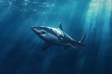 Fototapeta premium Majestic great white shark swimming gracefully through deep ocean waters with sunlight