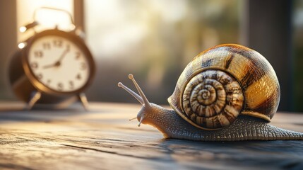 Obraz premium Slow and steady wins the race. A snail crawls across a wooden surface, with an alarm clock in the background, symbolizing slow progress