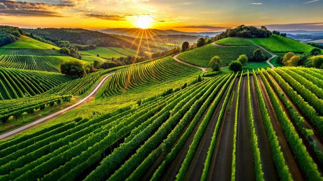 Sunset Over Rolling Hills Vineyard A Breathtaking Aerial View