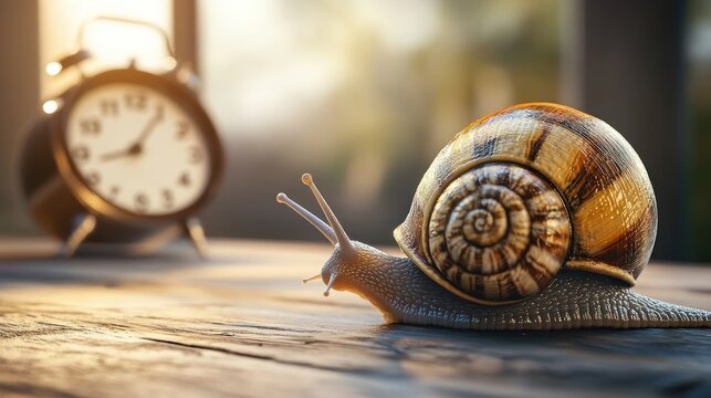 Slow and steady wins the race. A snail crawls across a wooden surface, with an alarm clock in the background, symbolizing slow progress