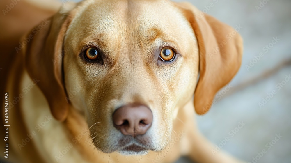 Poster close-up portrait of a golden labrador retriever dog, looking directly at the camera with attentive,