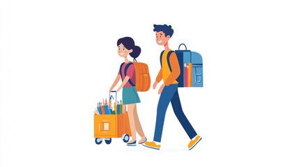 Back to school. Two kids with backpacks and supplies in a cart, walking together