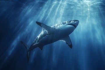 Fototapeta premium Majestic underwater shot of a great white shark swimming through sunlit ocean waters