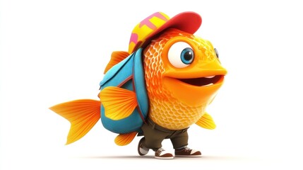 Cartoon fish with a backpack, ready for an adventure