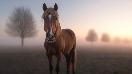 Fototapeta premium Majestic horse in a misty morning landscape.