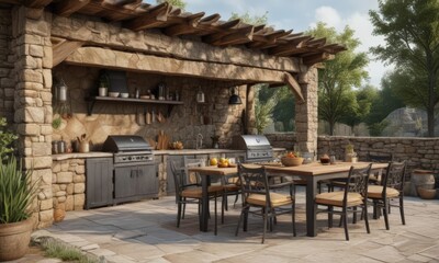 Rustic stone outdoor kitchen & patio dining set, rustic, landscape