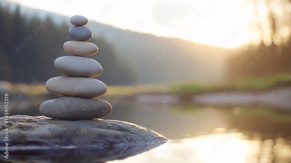 Poster serene sunset scene featuring a balanced stack of grey and beige stones perched on a larger rock bes