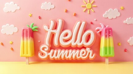 Colorful summer popsicles with cloud and sun decor on pink background and message Hello Summer