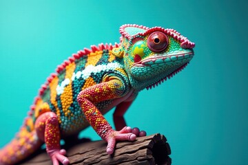 Fototapeta premium Chameleon changing color against a turquoise blue sky with gradient background , sky, reptile