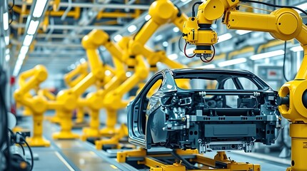 Futuristic car manufacturing plant, robotic arms assembly line, advanced automation, industrial machinery, yellow robotic arms, car chassis, high-tech factory floor, precision engineering, automotive 
