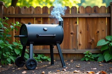 Charcoal offset smoker against a wooden fence backdrop , charcoal fueled grill, smoke emitting from chimney
