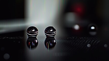 Close-up view of two water droplets on a dark surface.