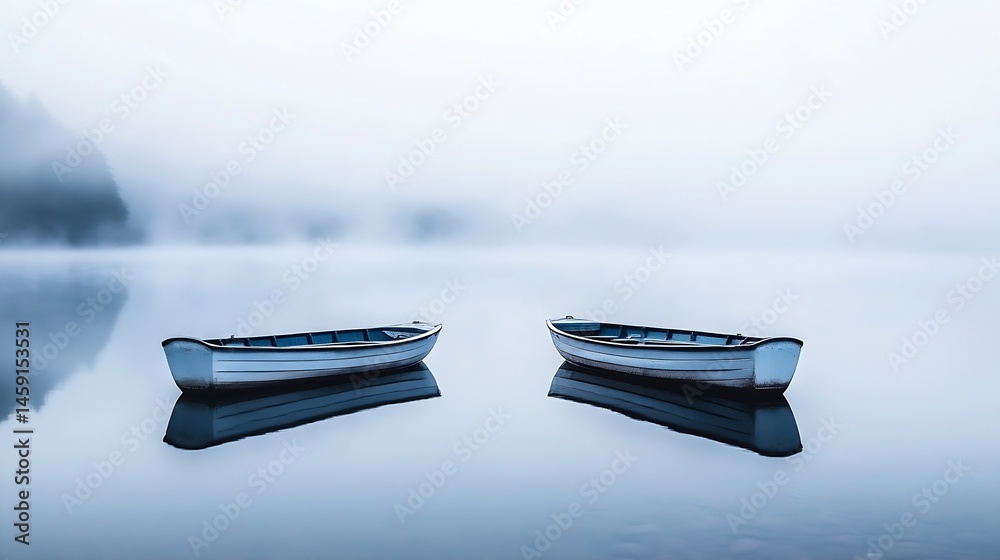 Poster two small, blue rowboats peacefully rest on a still, misty lake, their reflections mirroring the tra