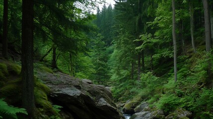 Obraz premium Lush green forest scenery with mossy rocks and a glimpse of a stream, sunlight filtering through the dense canopy creating a tranquil atmosphere. : Generative AI