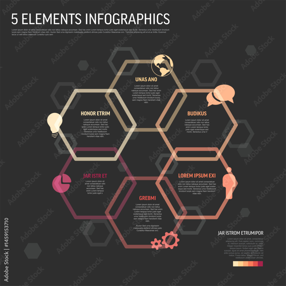 Poster this infographic template uses a hexagon structure for presenting five elements. a versatile design 