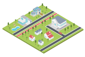 Isometric module city with houses add buildings, swimming pool, trees from urban building vector architecture. Modern green city illustration for design game and business white background