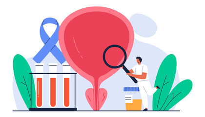 Prostate cancer awareness concept. Urologist check up male genitourinary system. Men healthcare, prostatitis treatment. Isolated vector illustration in cartoon style
