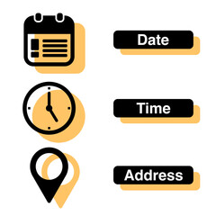 time, date and address symbol set isolated on transparent background