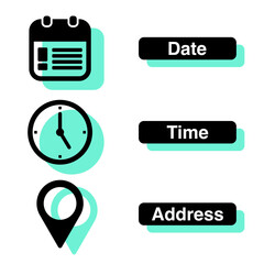 time, date and address symbol set isolated on transparent background