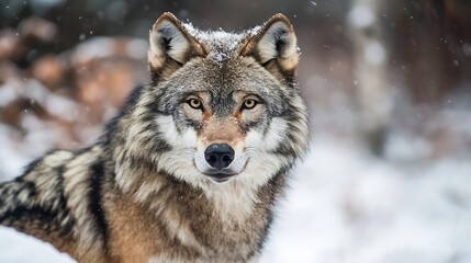 Naklejka premium A majestic grey wolf stares intently, its fur dusted with snowflakes, in a winter forest setting. The wolf's piercing yellow eyes and sharp features are prominently displayed against : Generative AI
