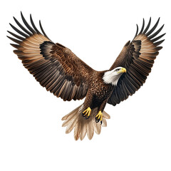 Naklejka premium A bald eagle soaring gracefully in the sky, wings spread wide. It is a symbol of freedom and strength.