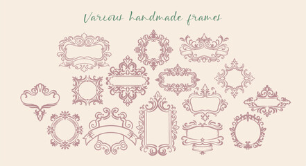Set of ornate and ribbon frames handmade in a light, frivolous style. Ideal for posters, invitations, advertisements in vintage style. Modern digital illustration in flat style