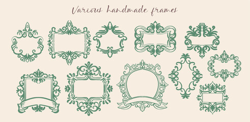 Set of ornate and ribbon frames handmade in a light, frivolous style. Ideal for posters, invitations, advertisements in vintage style. Modern digital illustration in flat style