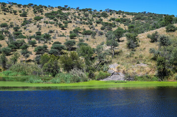 Lac dans un paysage rocheux dans le centre de la Namibie
