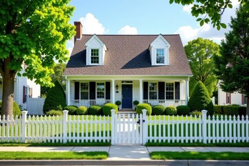 Classic suburban home with white picket fence and neatly manicured green lawn, lawn, home