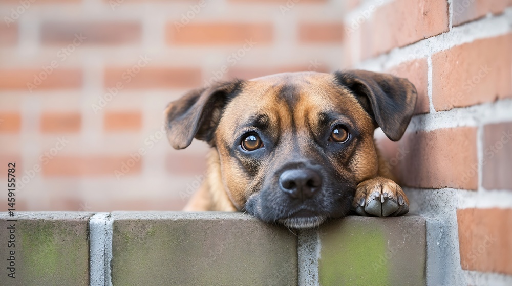 Aufkleber a brown and black mixed-breed dog rests its head and paw on a weathered brick wall, gazing intently 