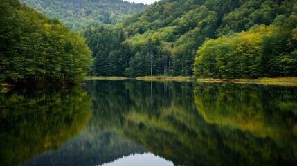 Serene lake reflecting lush green forest, tranquil nature scene with mirrored trees and calm water, idyllic landscape photography. : Generative AI