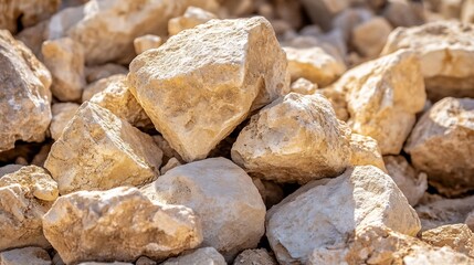 Close-up view of a pile of light beige, rough-textured rocks, illuminated by sunlight, showcasing their natural, irregular shapes and subtle variations in color. : Generative AI
