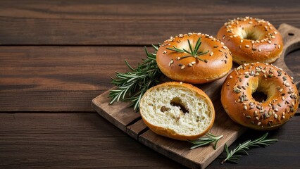 Bagels Sesame Seeds Rosemary Cutting Board Wooden Surface Halved Bagel