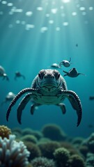 Fototapeta premium A sea turtle swimming in a vibrant underwater world with fish and coral