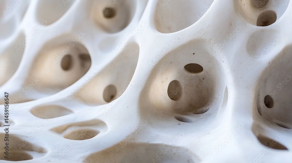 Poster abstract white sculptural form with numerous irregular holes and cavities, creating a complex, textu