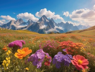 "Stunning Flower Field with Majestic Mountains in the Background"