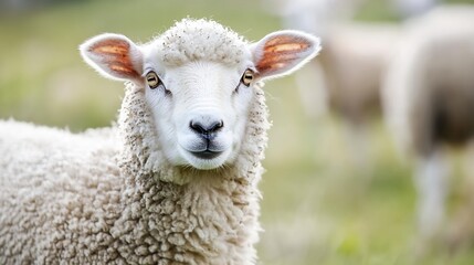 Fototapeta premium Close-up portrait of a young, fluffy white sheep, gazing directly at the camera in a lush green pasture. Its soft wool and gentle expression create a peaceful, rural scene. : Generative AI