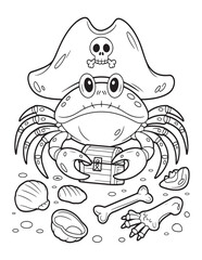 Pirate Crab with Skull Hat – Spooky Beach Coloring Page for Kids