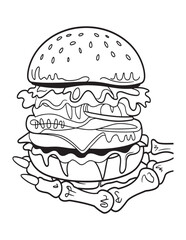Spooky Melting Burger Monster – Creepy Summer Food Coloring Page