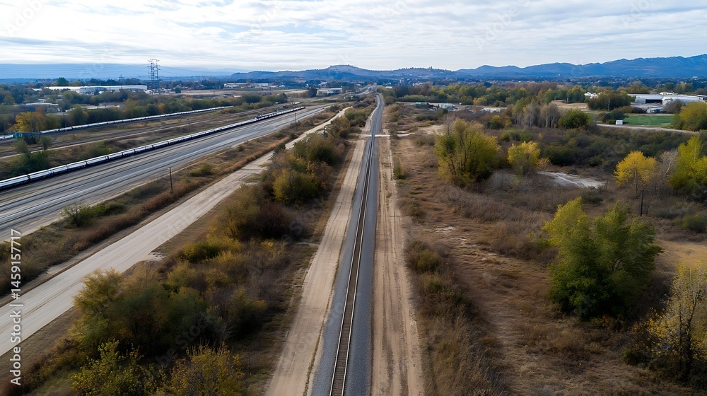 Poster Aerial view of a railway track running parallel to a highway, alongside autumnal vegetation and distant mountains under a partly cloudy sky. : Generative AI