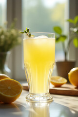 Fototapeta premium Glass of fresh made lemonade on the table, summer refreshing drink, detox, diet and healthy lifestyle concept. 