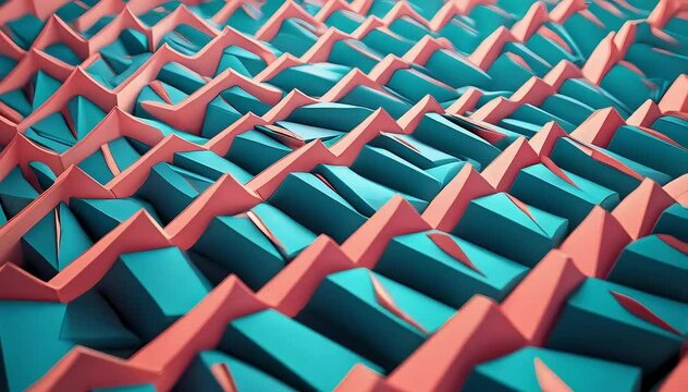 A mesmerizing pattern of interlocking geometric shapes creates a vibrant, textured surface with dynamic depth and bold colors.