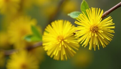 Naklejka premium Close-up of bright yellow hairy mimosa flowers on blooming tree in early spring garden , golden hues , floral close-up