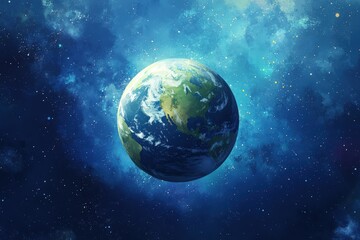 Obraz premium Planet earth floats in a dark blue space filled with twinkling stars around it