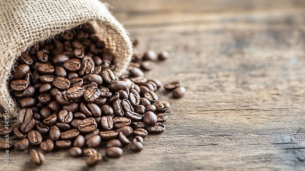 Poster roasted coffee beans spilling from burlap sack onto rustic wooden surface, close-up view showing ric
