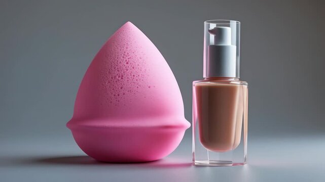 Beauty blender on gray background. Makeup sponge and bottle for cosmetics products concept. Ai Illustration