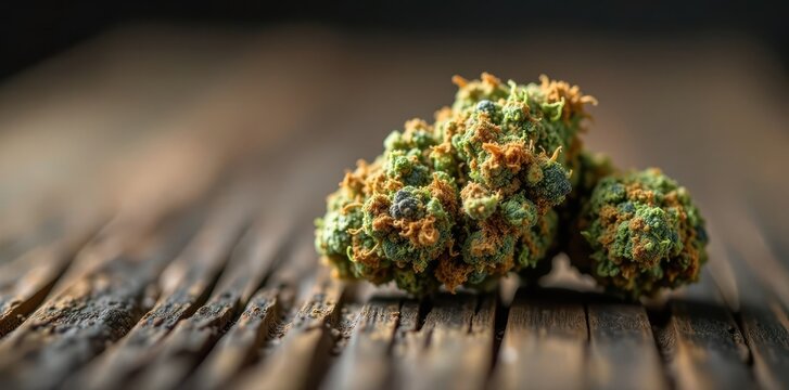 Close-up of dried cannabis nug on rough wood surface, cannabis, buds