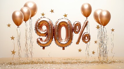 Rose gold balloons spell out 90% to celebrate a significant discount on a special occasion.